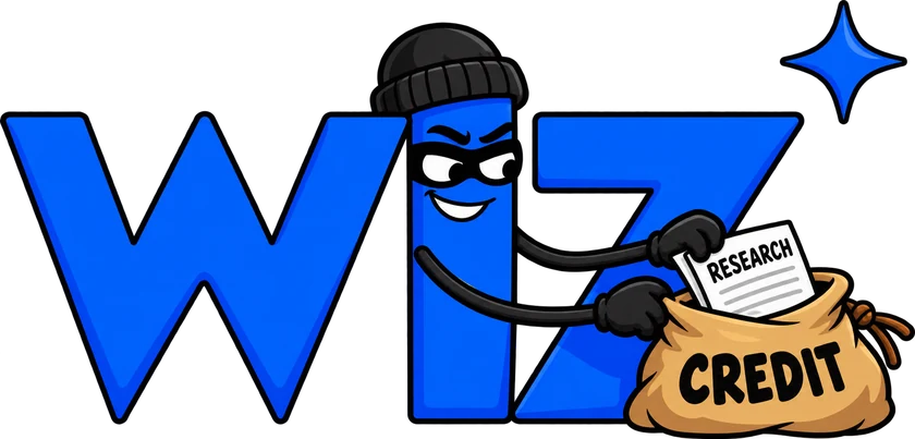 The Wiz logo as a masked burglar stuffing a research paper into a bag marked CREDIT